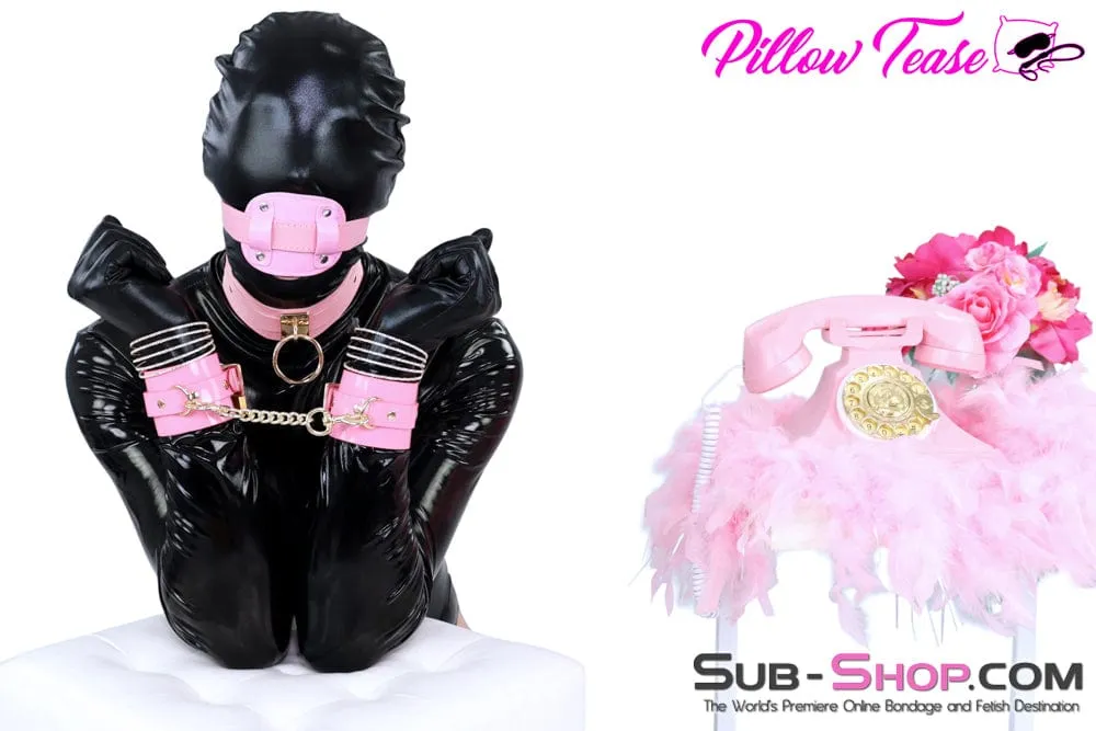 0986DL-SIS      Pink Patent Leather Sissy Bondage Cuffs with Gold Hardware