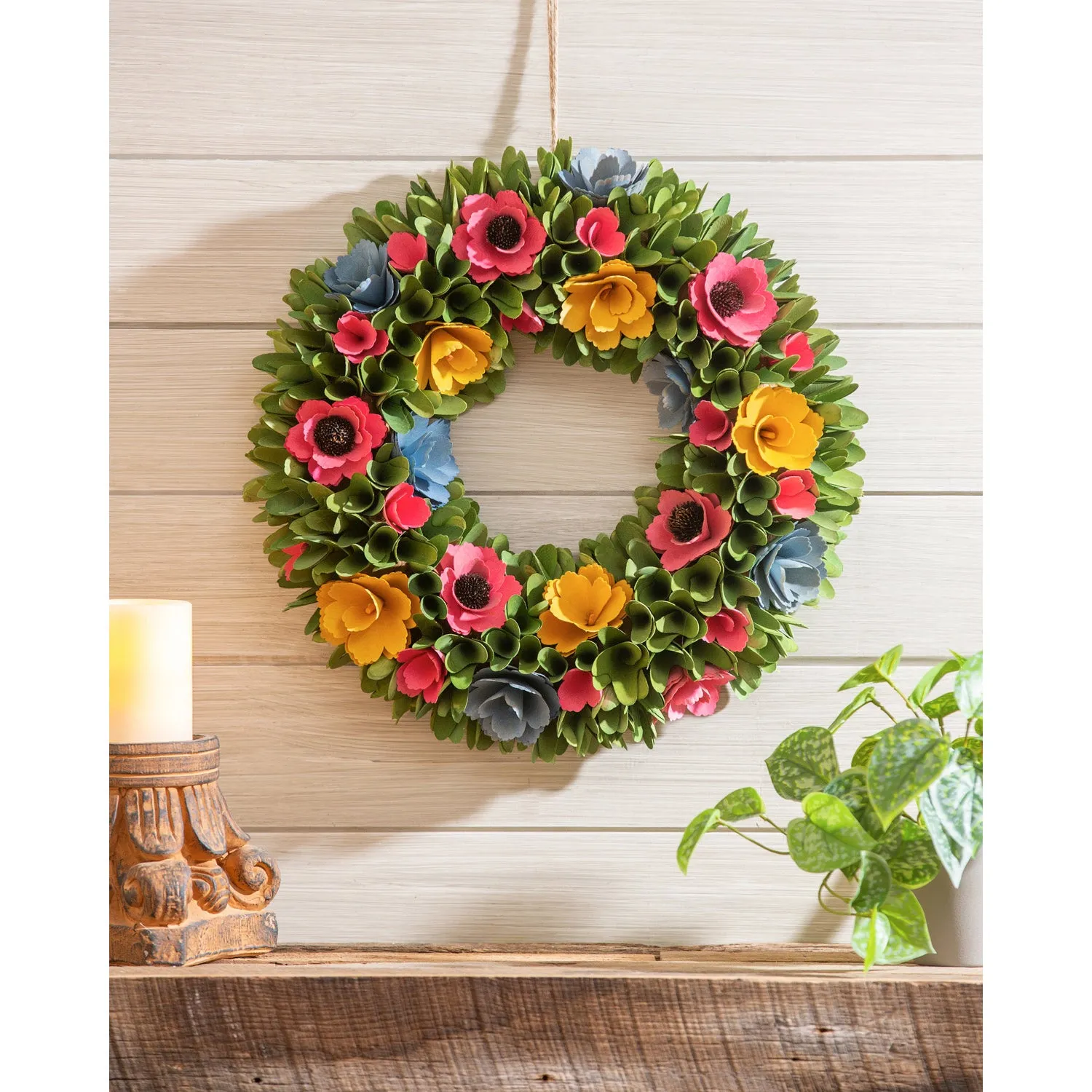 17" Willow Wood Chip Floral Wreath,8wr235