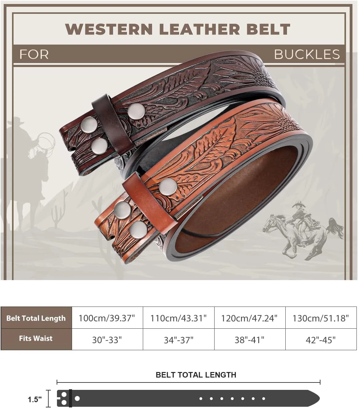 2 Pack Western Leather Belt Strap for Men Women Cowboy Cowgirl Leather Mens Belts for Jeans Gift Belt without Buckle