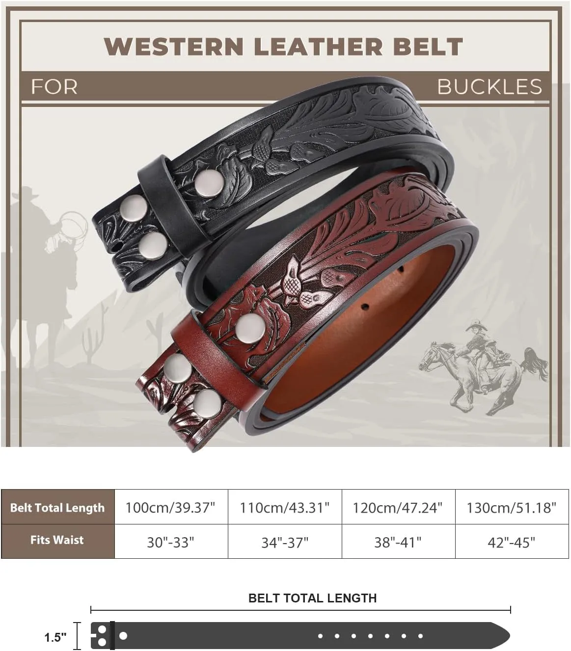 2 Pack Western Leather Belt Strap for Men Women Cowboy Cowgirl Leather Mens Belts for Jeans Gift Belt without Buckle