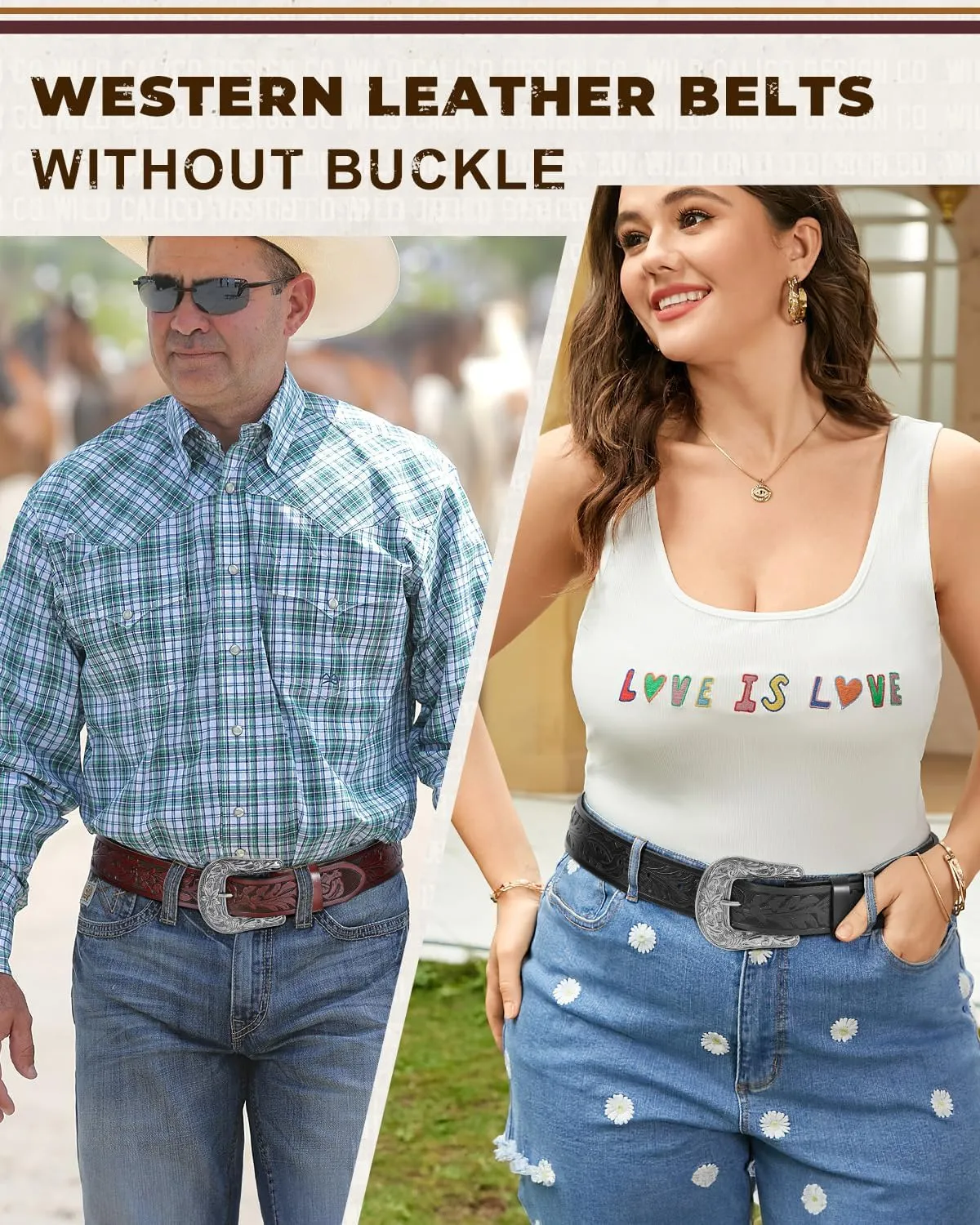 2 Pack Western Leather Belt Strap for Men Women Cowboy Cowgirl Leather Mens Belts for Jeans Gift Belt without Buckle