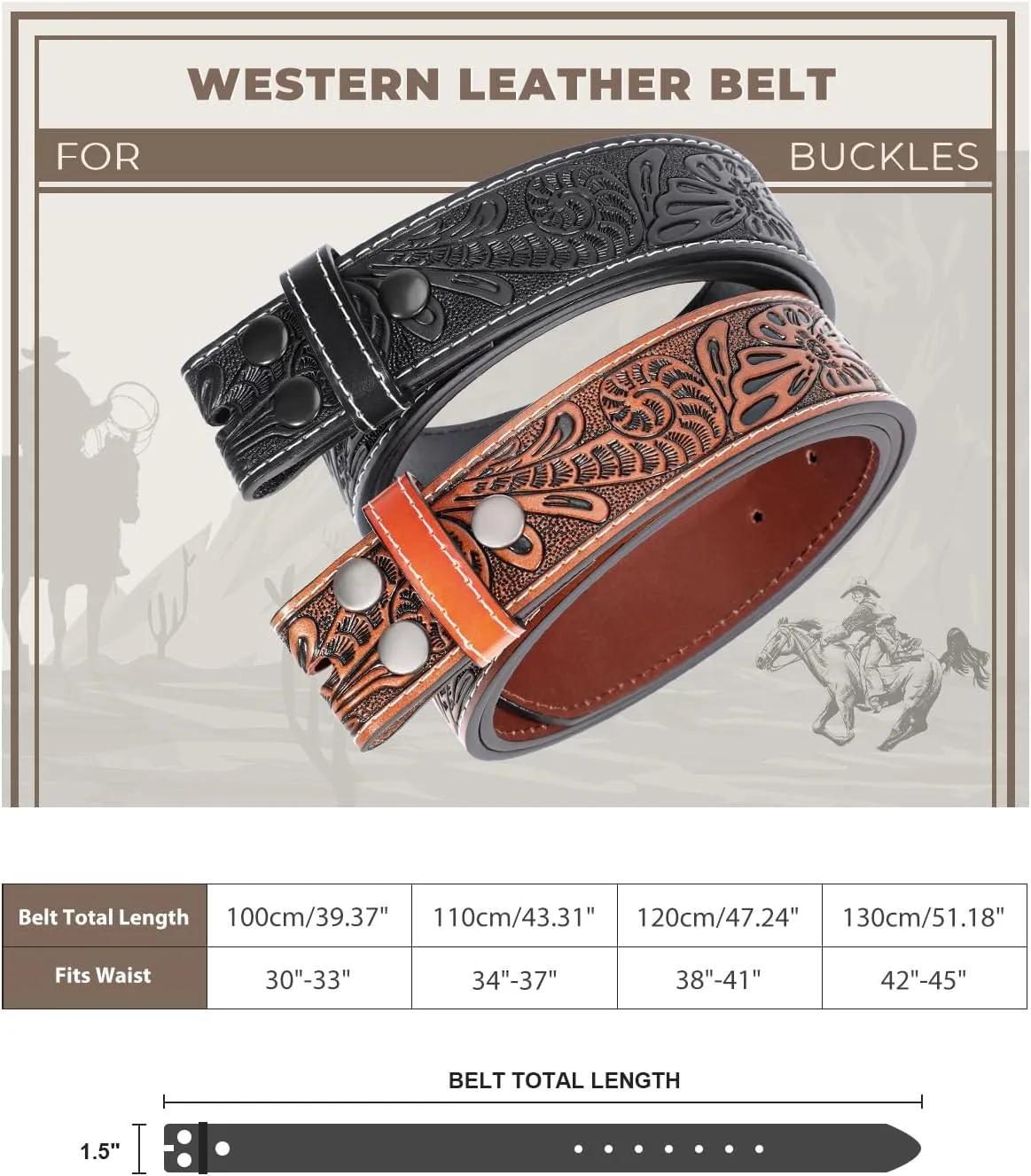 2 Pack Western Leather Belt Strap for Men Women Cowboy Cowgirl Leather Mens Belts for Jeans Gift Belt without Buckle