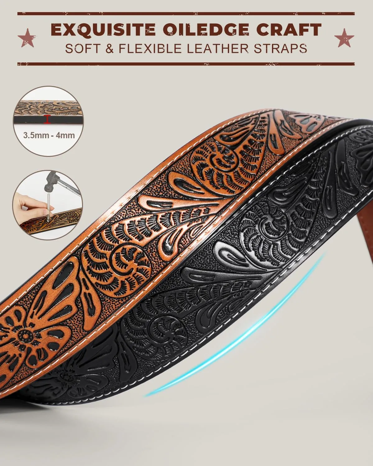2 Pack Western Leather Belt Strap for Men Women Cowboy Cowgirl Leather Mens Belts for Jeans Gift Belt without Buckle