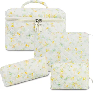 4Pcs Quilted Makeup Bag Set Cute Floral Cosmetic Bag Cotton Coquette Make up Bag Aesthetic Travel Toiletry Bag for Women Girls