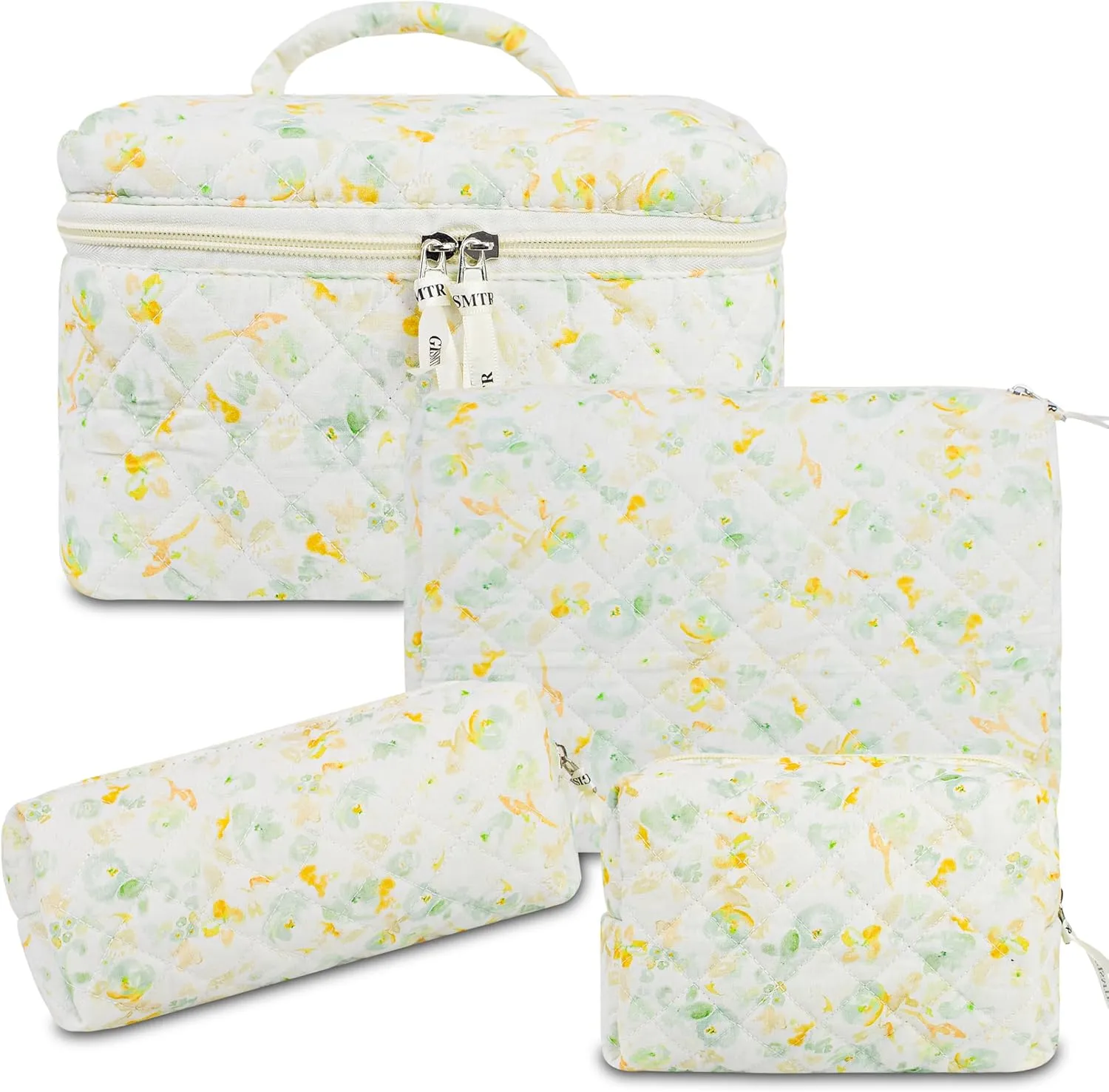 4Pcs Quilted Makeup Bag Set Cute Floral Cosmetic Bag Cotton Coquette Make up Bag Aesthetic Travel Toiletry Bag for Women Girls