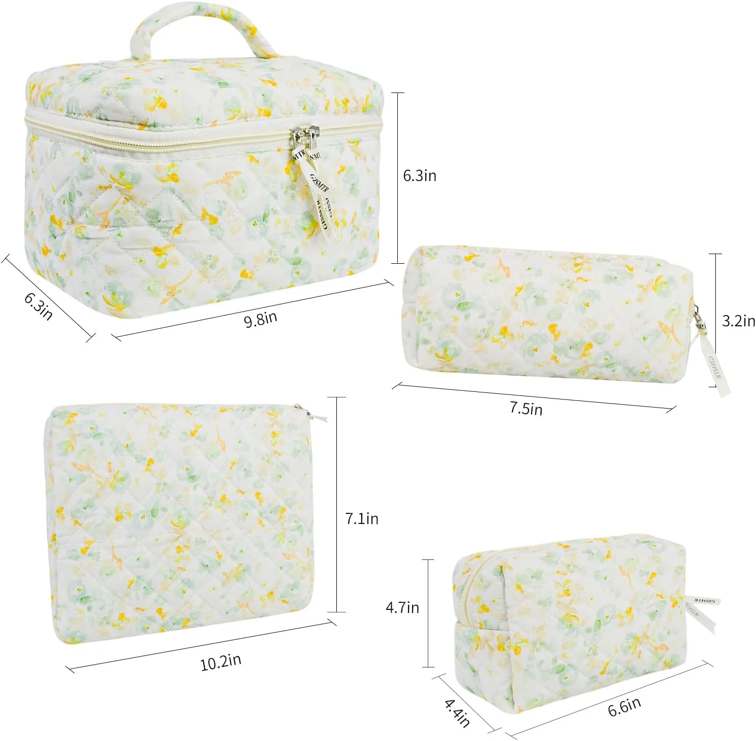 4Pcs Quilted Makeup Bag Set Cute Floral Cosmetic Bag Cotton Coquette Make up Bag Aesthetic Travel Toiletry Bag for Women Girls