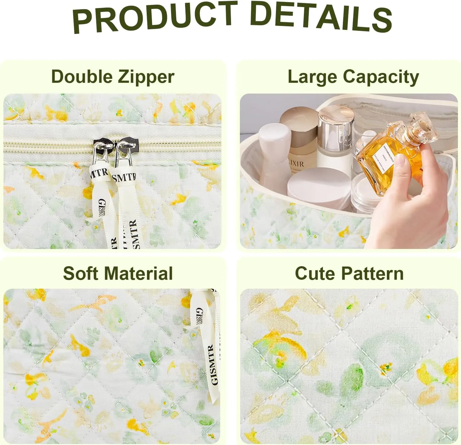 4Pcs Quilted Makeup Bag Set Cute Floral Cosmetic Bag Cotton Coquette Make up Bag Aesthetic Travel Toiletry Bag for Women Girls