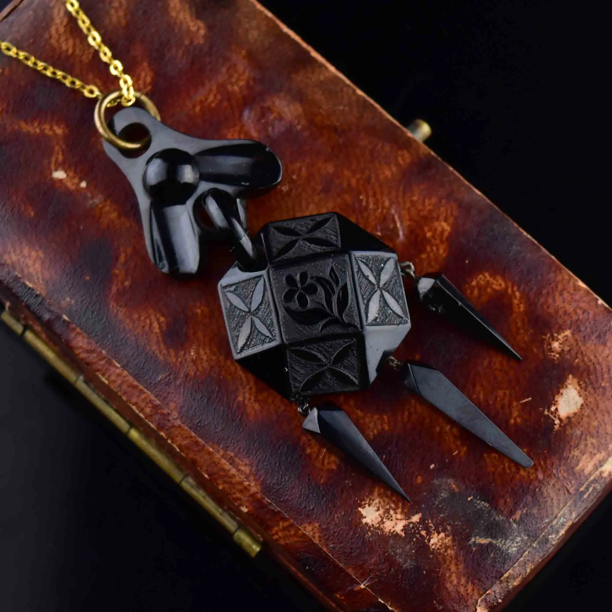 Antique Victorian Carved Whitby Jet Forget Me Not Pendant Necklace