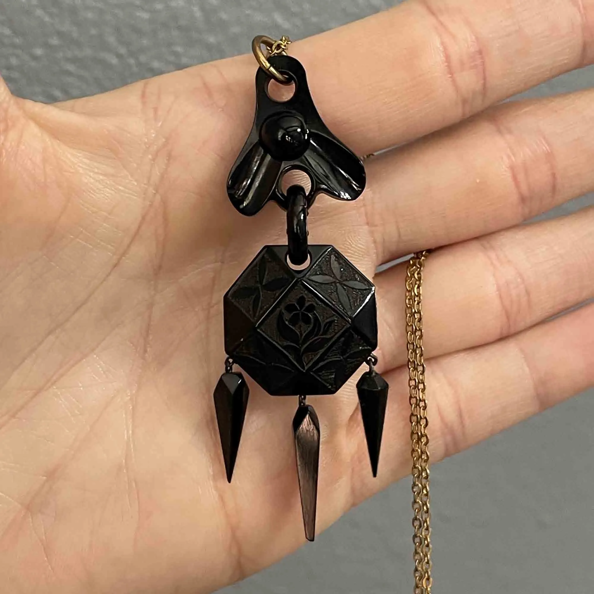 Antique Victorian Carved Whitby Jet Forget Me Not Pendant Necklace