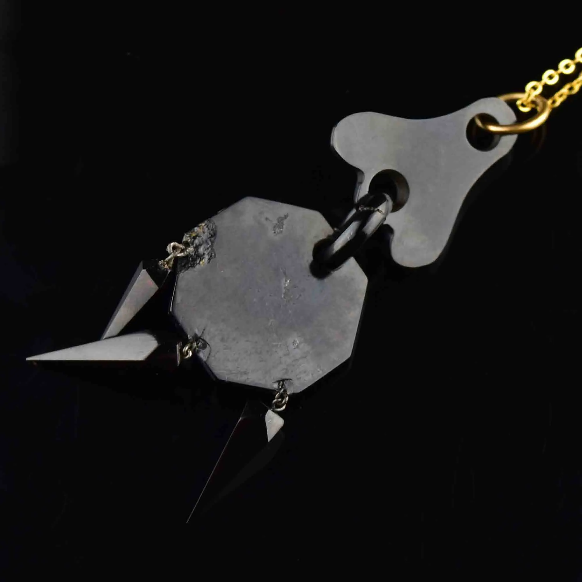 Antique Victorian Carved Whitby Jet Forget Me Not Pendant Necklace