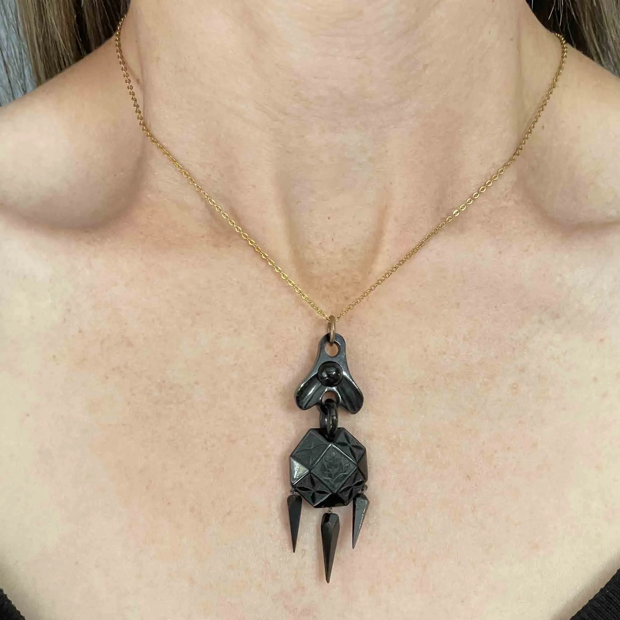 Antique Victorian Carved Whitby Jet Forget Me Not Pendant Necklace