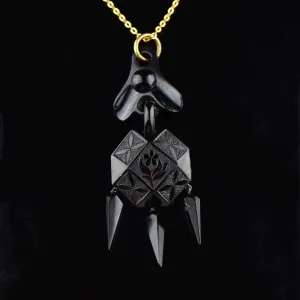 Antique Victorian Carved Whitby Jet Forget Me Not Pendant Necklace