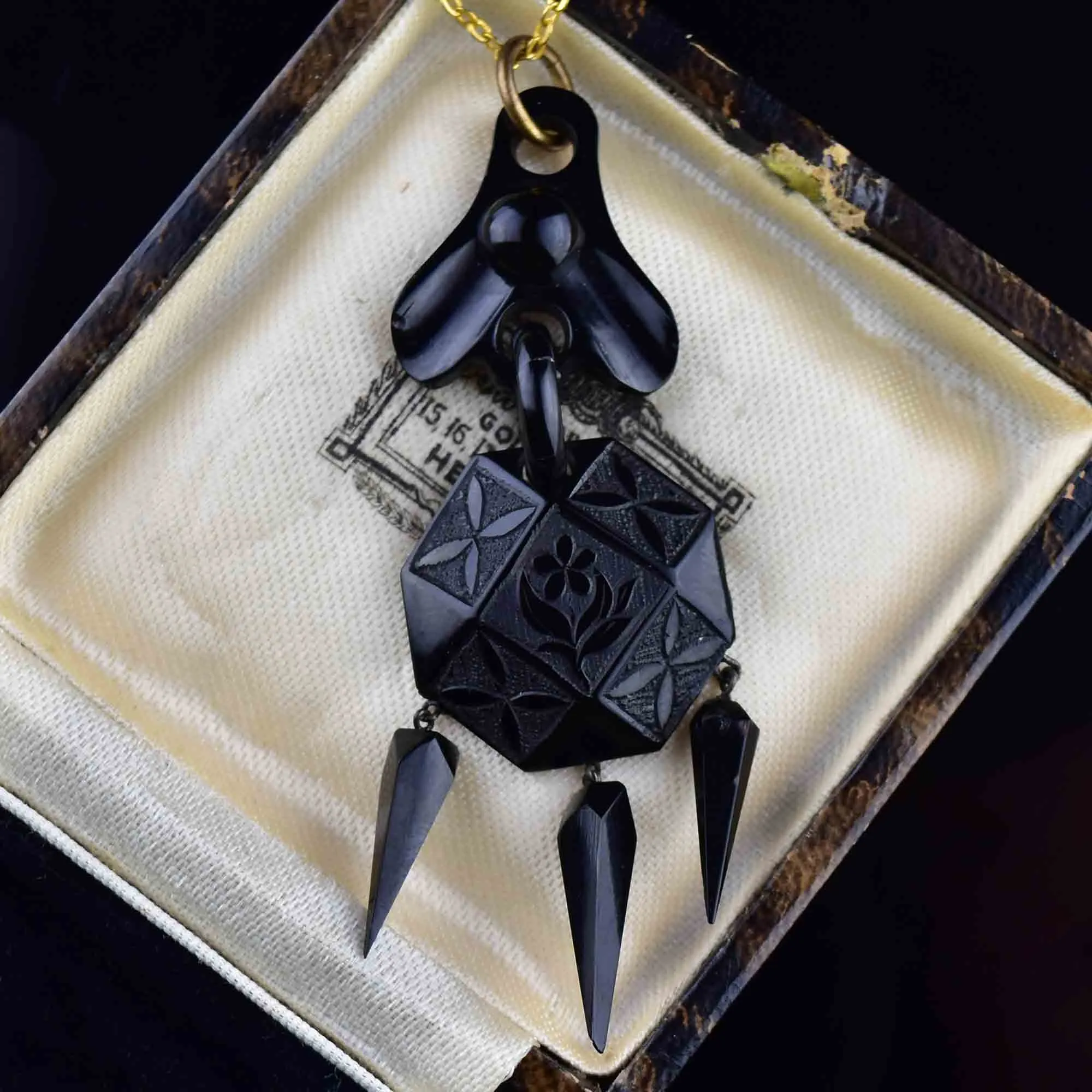 Antique Victorian Carved Whitby Jet Forget Me Not Pendant Necklace