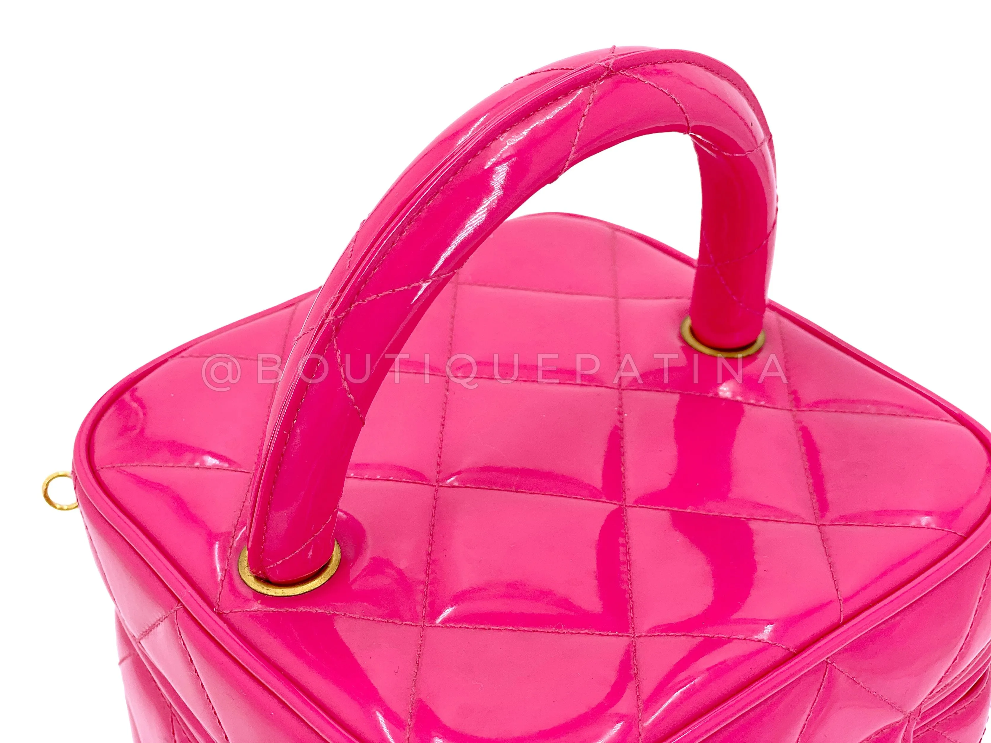 Chanel 1995 Vintage "Barbie" Pink Patent Heart-Mirror Vanity Case Bag