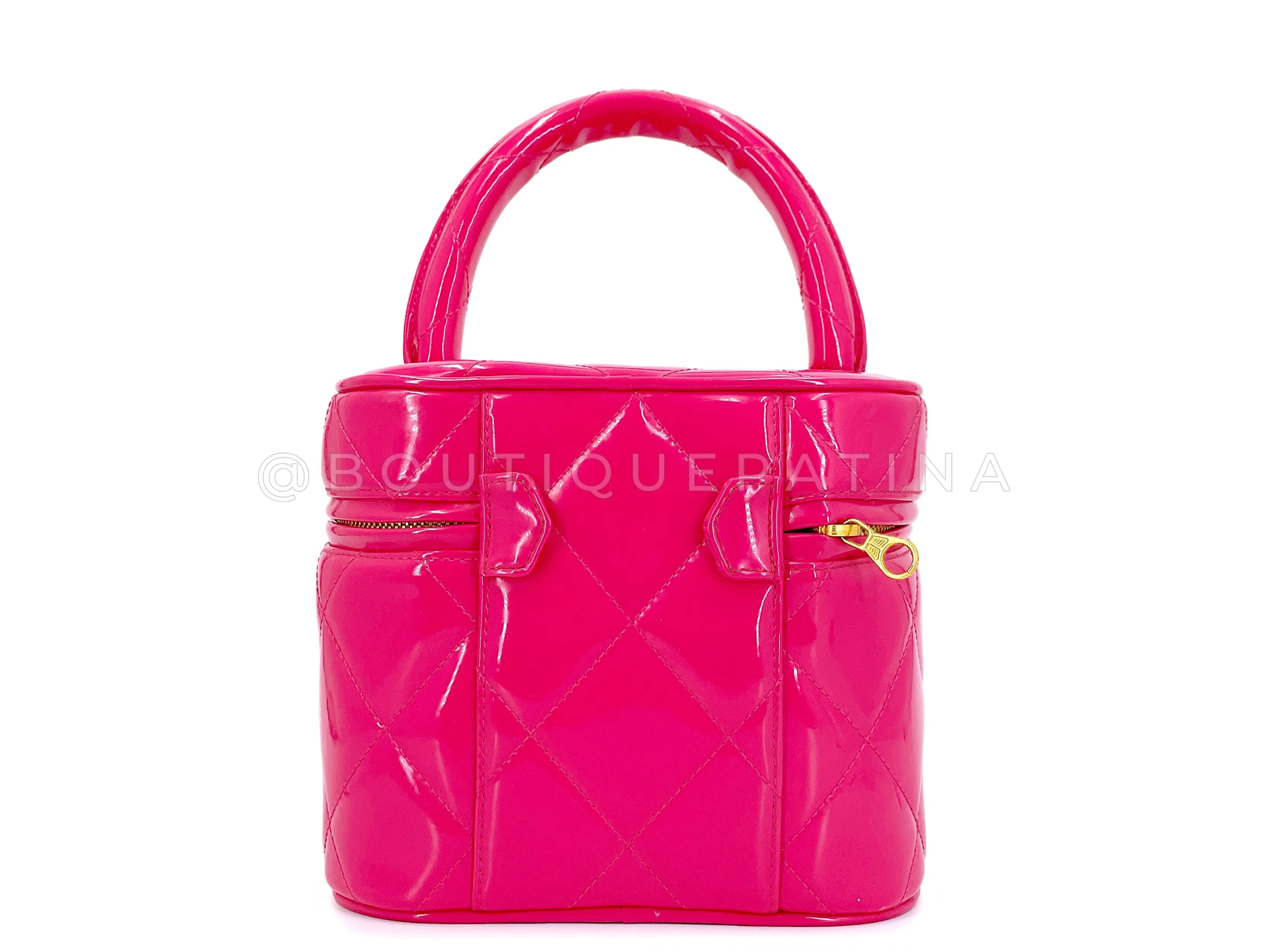 Chanel 1995 Vintage "Barbie" Pink Patent Heart-Mirror Vanity Case Bag