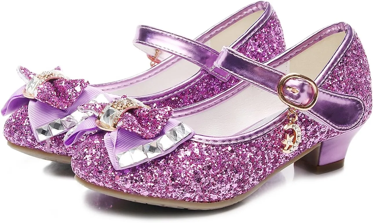 Girls Dress Shoes Mary Jane Wedding Party Heel Glitter Bow Princess Flower Shoes for Kid Toddler