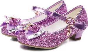 Girls Dress Shoes Mary Jane Wedding Party Heel Glitter Bow Princess Flower Shoes for Kid Toddler