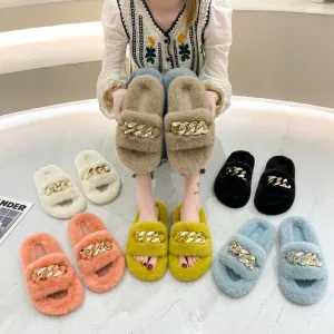 Hot selling thick-soled round head hairy chain slippers