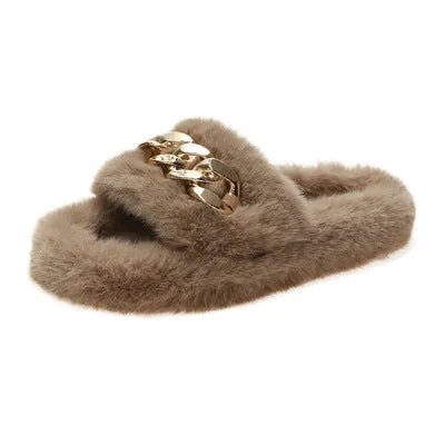 Hot selling thick-soled round head hairy chain slippers