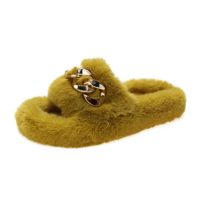 Hot selling thick-soled round head hairy chain slippers