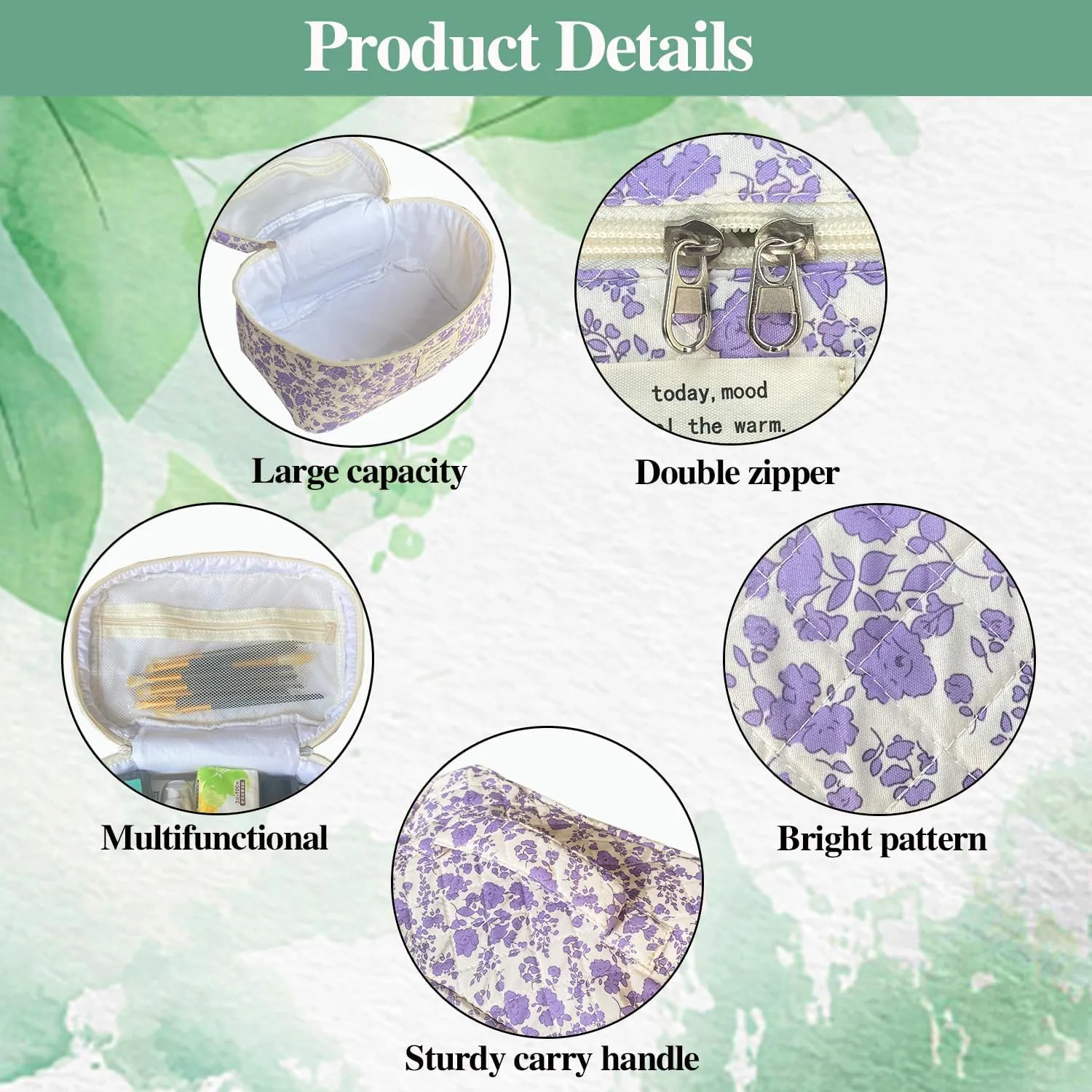 Purple Large Quilted Floral Makeup Bag Set of 3 Cute Coquette Aesthetic Cosmetic Bag Set Travel Toiletry Bag for Women