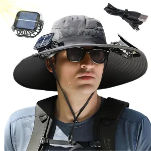 Solar Fan Hat,Wide Brim Solar Fan Outdoor Fishing Hat,Mens Sun Hat with 2 Fan, Waterproof Outdoor Hiking Camping Fishing Hat(Grey)