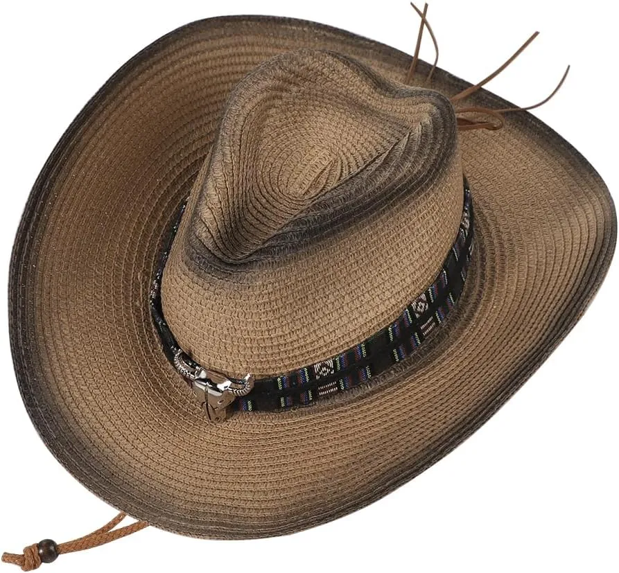 Straw Cowboy Cowgirl Hat Wide Brim Woven Western Cap UPF 50  Beach Sun Hat Shapeable Packable Fedora Cap for Men Women