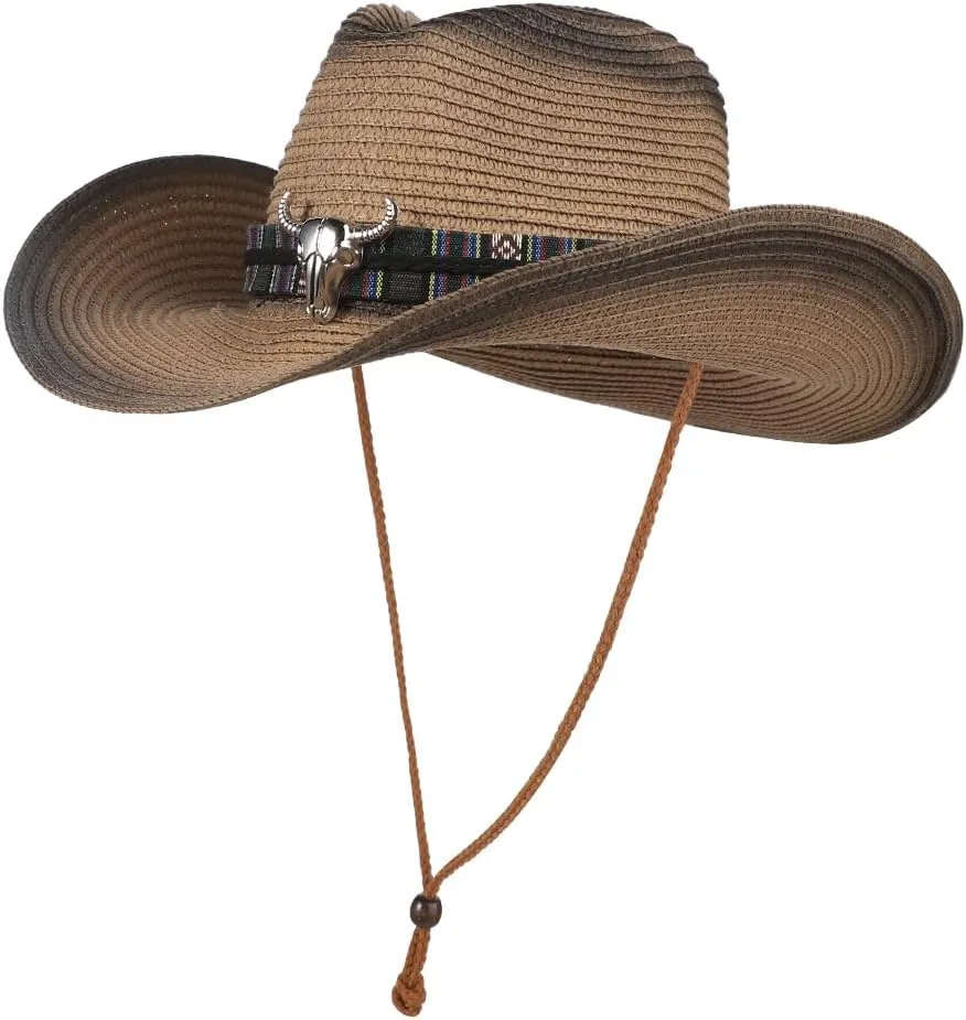 Straw Cowboy Cowgirl Hat Wide Brim Woven Western Cap UPF 50  Beach Sun Hat Shapeable Packable Fedora Cap for Men Women