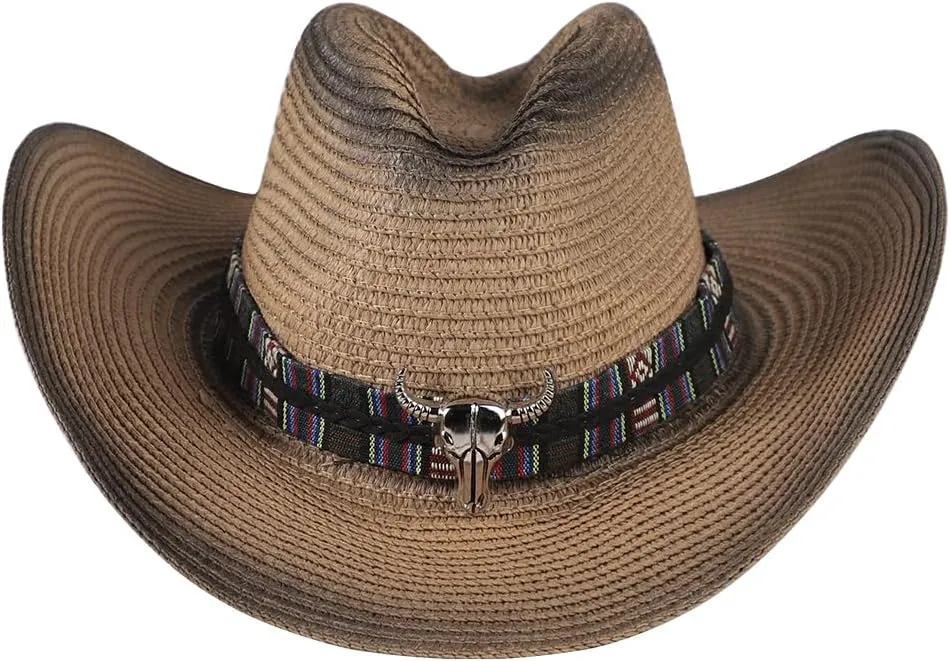 Straw Cowboy Cowgirl Hat Wide Brim Woven Western Cap UPF 50  Beach Sun Hat Shapeable Packable Fedora Cap for Men Women