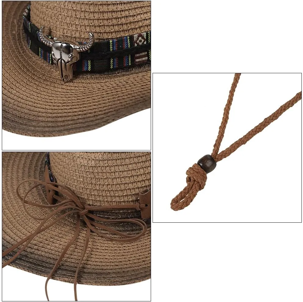 Straw Cowboy Cowgirl Hat Wide Brim Woven Western Cap UPF 50  Beach Sun Hat Shapeable Packable Fedora Cap for Men Women