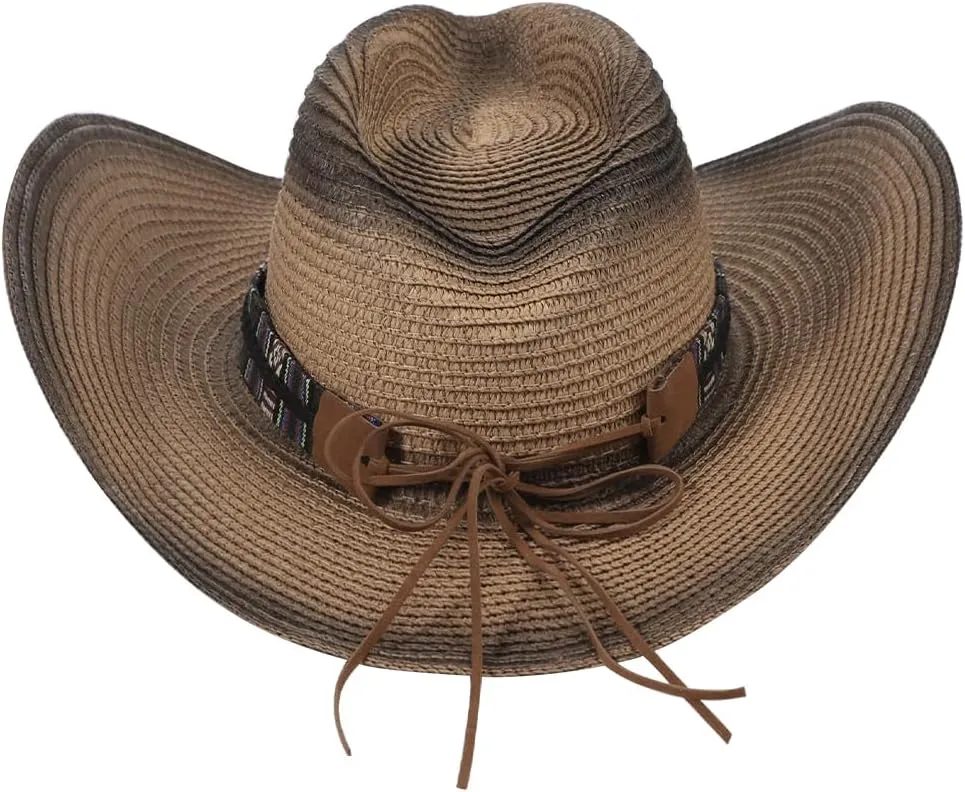 Straw Cowboy Cowgirl Hat Wide Brim Woven Western Cap UPF 50  Beach Sun Hat Shapeable Packable Fedora Cap for Men Women
